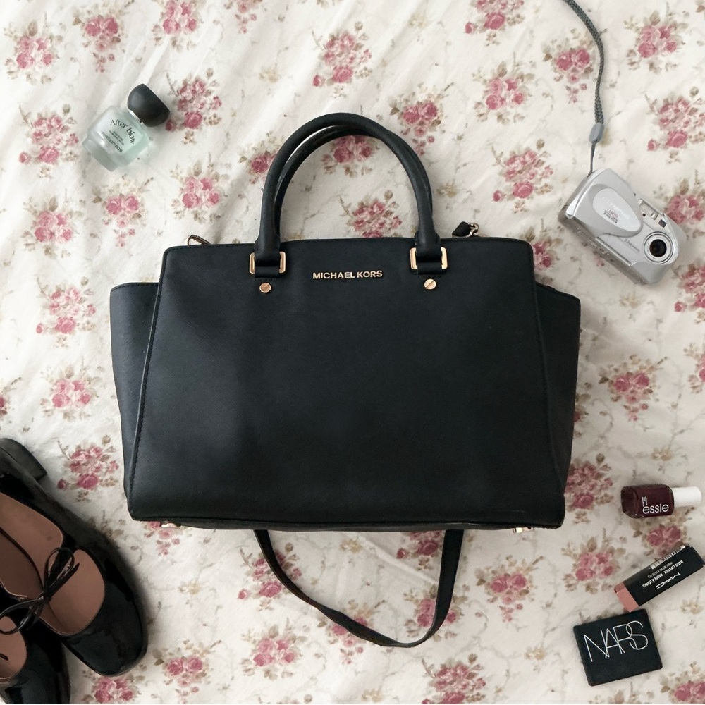 Michael Kors Selma Medium Saffiano Leather Satchel Black